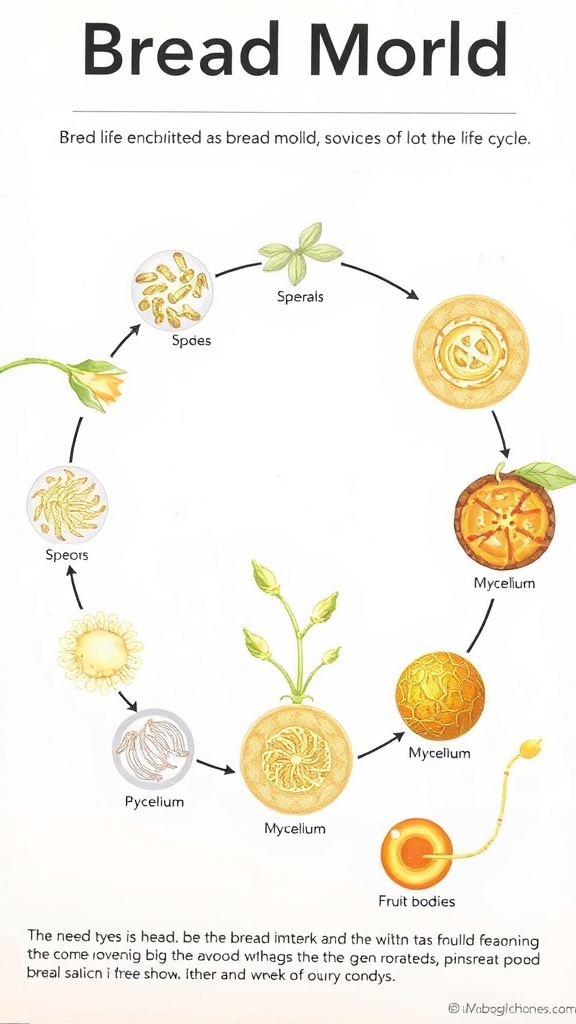 Understanding Bread Mold: A Diagram for Class 8 Diagram of bread mold life cycle illustrating spores, mycelium, and fruit bodies.
